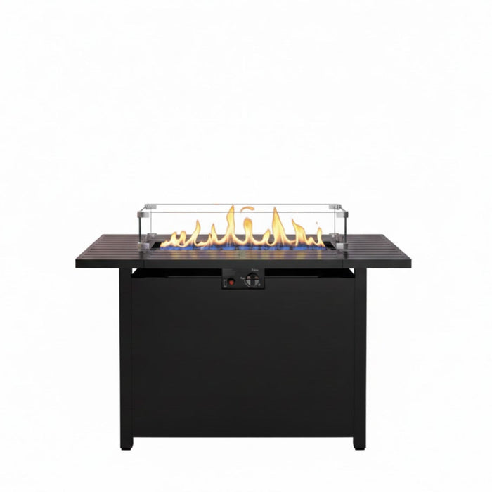 Outdoor 2 In 1 Gas Fire Pit Table With Lid & Glass Shield, Stainless Burner, Lava Rock, Rectangular Design - Black