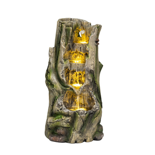 Outdoor Water Fountain, Tree Stump Cascading Fountain With Warm LED Lights - Earthy Yellow Daily Nest