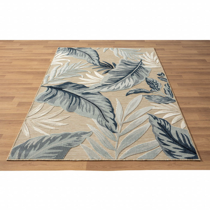 5' X 7' Floral Stain Resistant Indoor / Outdoor Area Rug - Blue / Beige