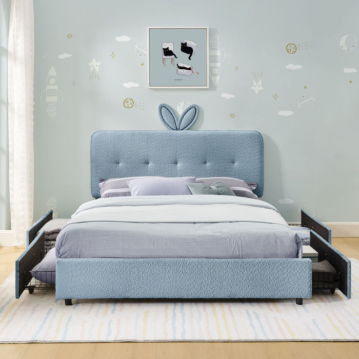 Upholstered Bed With Oversized Rabbit Ear Headboard, LED Lights & 4 Storage Drawers Home Essentials