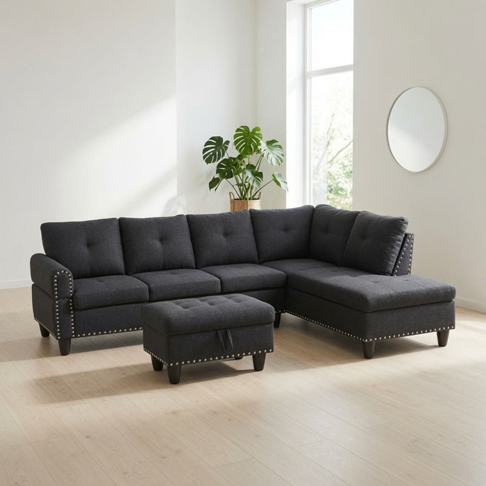 L - Shaped 3 Piece Sectional Sofa With Chaise, Storage Ottoman & Cup Holders Home Essentials