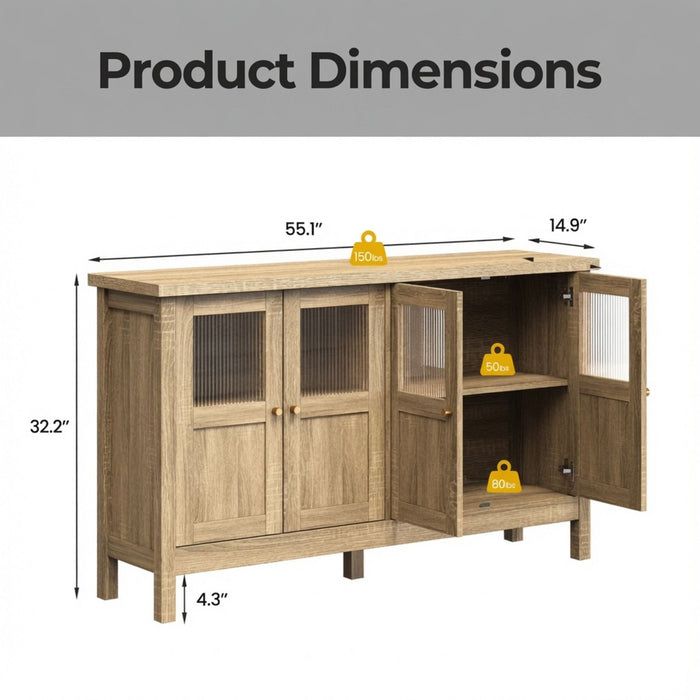 Buffet Cabinet With 4 Doors, Adjustable Shelves Handles - Natural Home Essentials