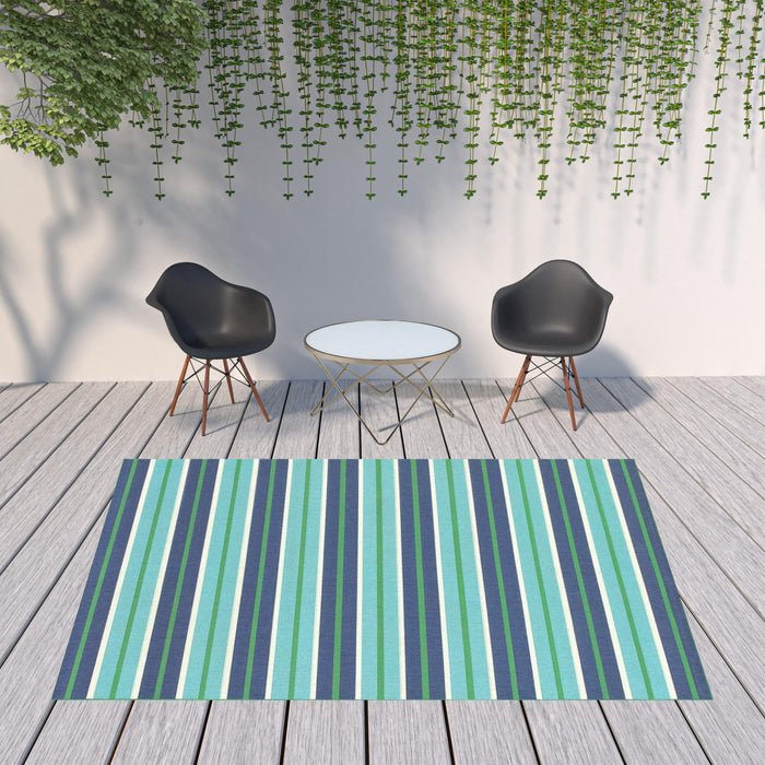 8' X 11' Geometric Stain Resistant Indoor & Outdoor Area Rug - Green / Blue