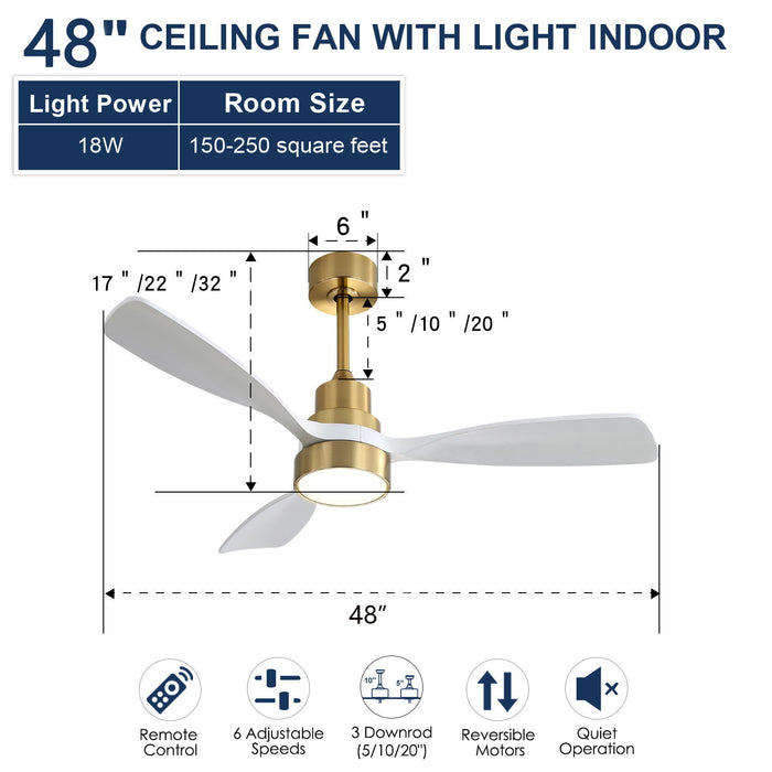 48" Ceiling Fan With 3 Blades, Remote Control Reversible DC Motor For Living Room Daily Nest