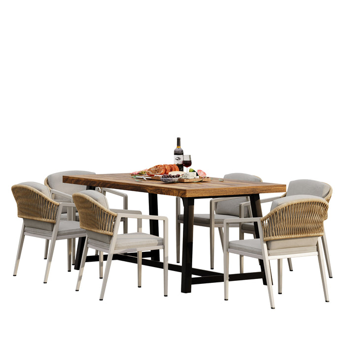 Outdoor Dining Set Acacia Wood Table With 6 Rattan Iron Chairs - Black / Natural / Gray