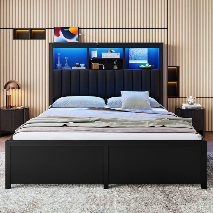 Bed Frame With High Storage Headboard, LED Light And Charging Station, 4 Storage Drawers Home Essentials