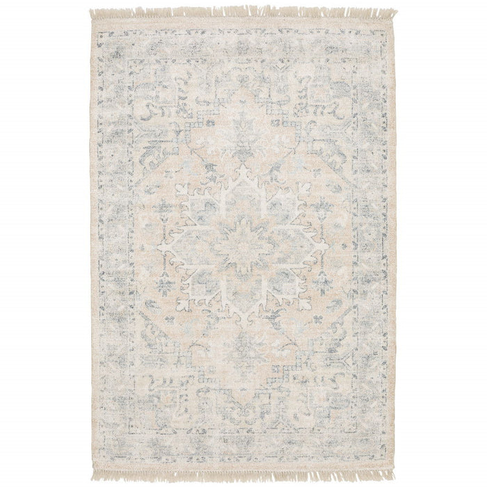 Oriental Loomed Stain Resistant Hand Area Rug With Fringe - Beige And Grey - 5' X 8'