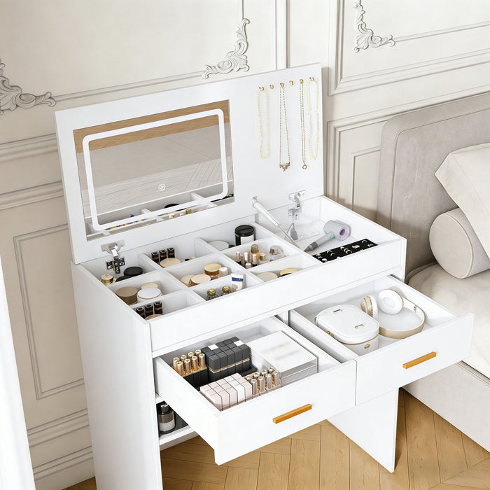 Flip Top Vanity Desk With LED Mirror & Outlet Makeup Table With 2 Drawers, Open Storage, And Jewelry Hooks - White Home Essentials