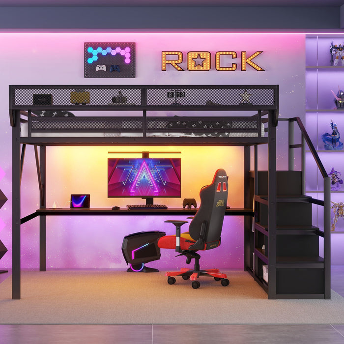 Queen Loft Bed With Desk And Charging Station Stairs And Light - Black Home Essentials