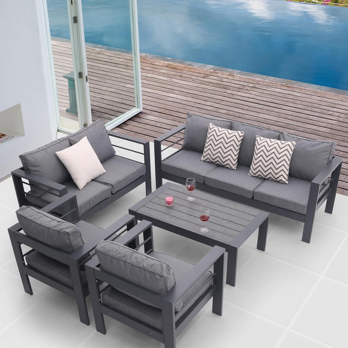 5 Piece Aluminum Outdoor Patio Conversation Set, All Weather Sectional Sofa Outside Furniture With Removable Cushions And Tempered Glass Coffee Table - Gray