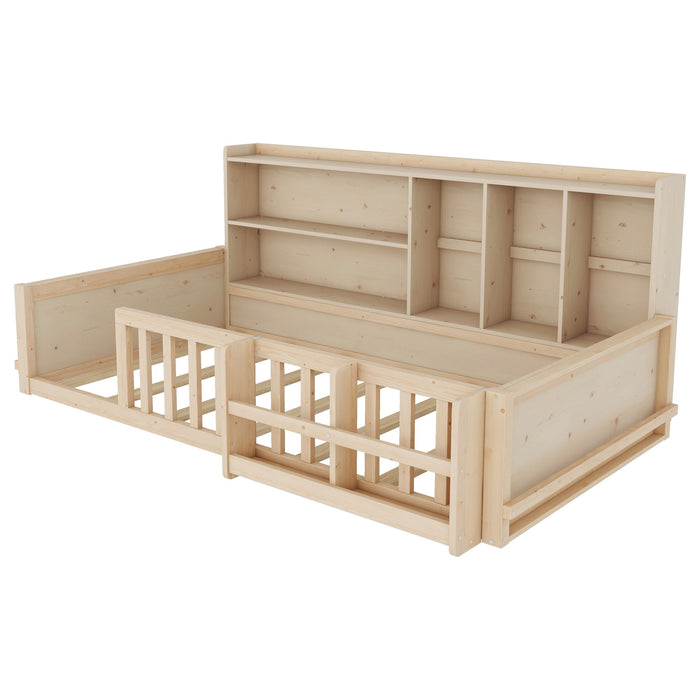 Platform Bed Frame With Guardrail, Storage Shelves & Bookshelf Home Essentials