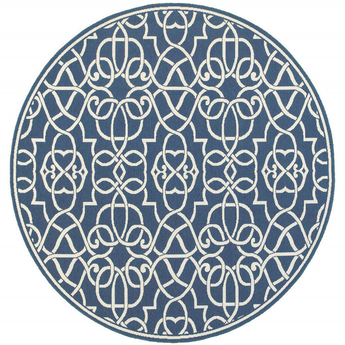 8' X 8' Round Geometric Stain Resistant Area Rug Outdoor & Indoor - Ivory / Blue