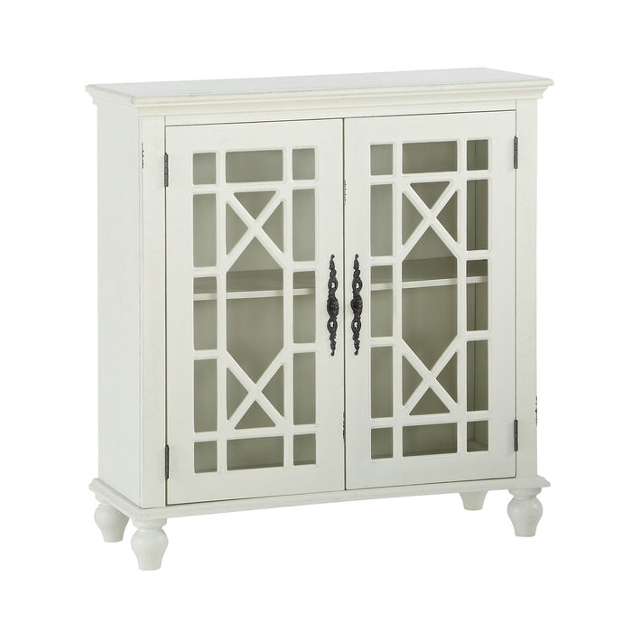 Antique White Accent Chest 1 Piece Classic Storage Cabinet Shelves Glass Inlay Doors Wooden Traditional Design Furniture