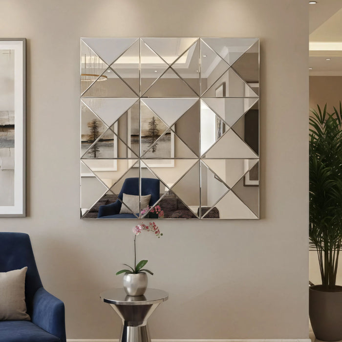 3D Beveled Wall Mirror With Frame, Large Square Design For Living Room - Silver Daily Nest