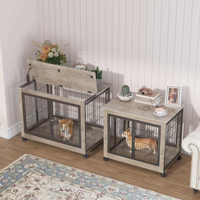 Furniture Style Dog Crate Side Table On Wheels With Double Doors And Lift Top.Gray