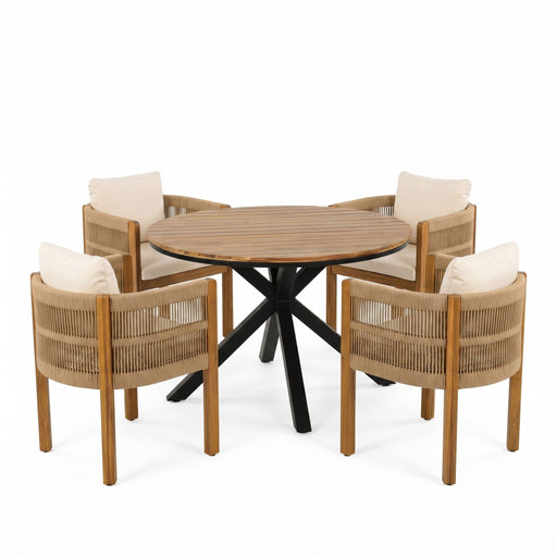 5 Piece Outdoor Dining Set With Round Table And 4 Wrapped Chairs - Black / Brown / Teak Noble House