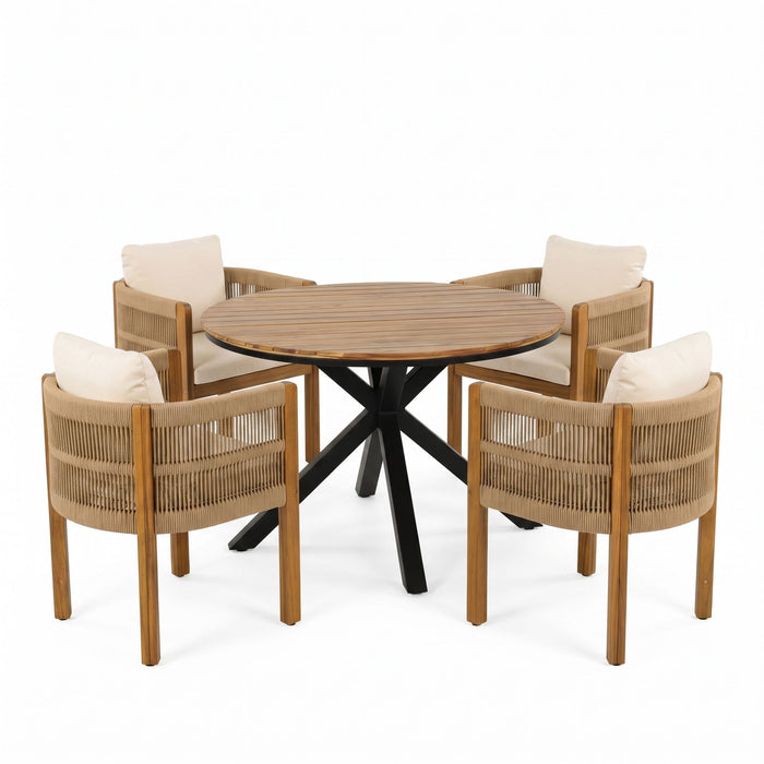 5 Piece Outdoor Dining Set With Round Table And 4 Wrapped Chairs - Black / Brown / Teak Noble House