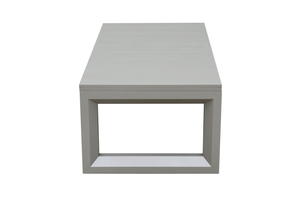 Outdoor Showcase: Contemporary Cocktail Table - Neutral Style, Beveled End Panels, Geometric Pattern - RusT-Resistant, Scratch & Weather - Resistant Aluminum Fram