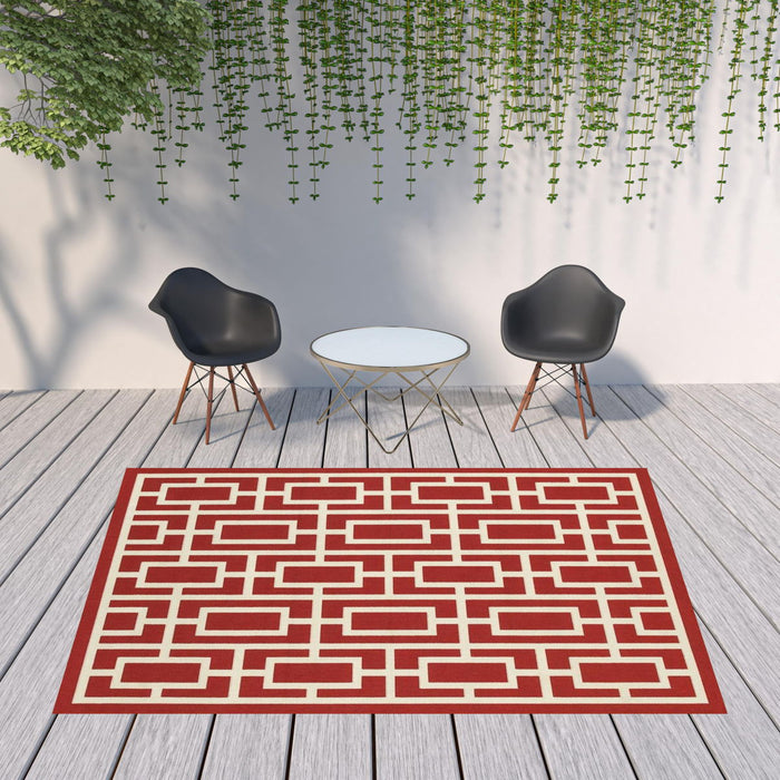 8' X 11' Geometric Stain Resistant Indoor Outdoor Area Rug - Red Ivory