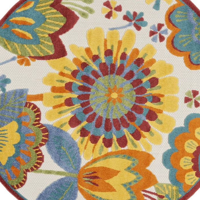 5' Round Round Floral Indoor / Outdoor Area Rug - Yellow / Ivory