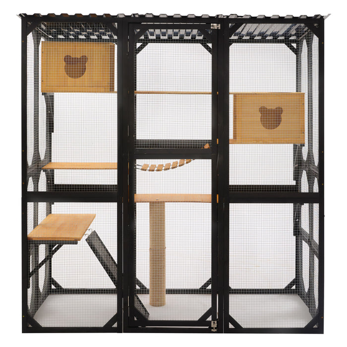 Outdoor Cat Enclosure With Sleeping Houses, Jumping Platforms, Scratching Post Hearth and Haven