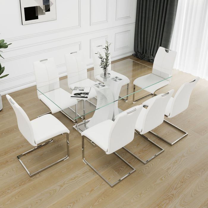 Modern Style Glass Dining Table With Elegant Transparent Design, Solid Support Base, Pale Yellow Dining Chair Set With Gold-Plated Legs, Suitable For Restaurant Kitchens