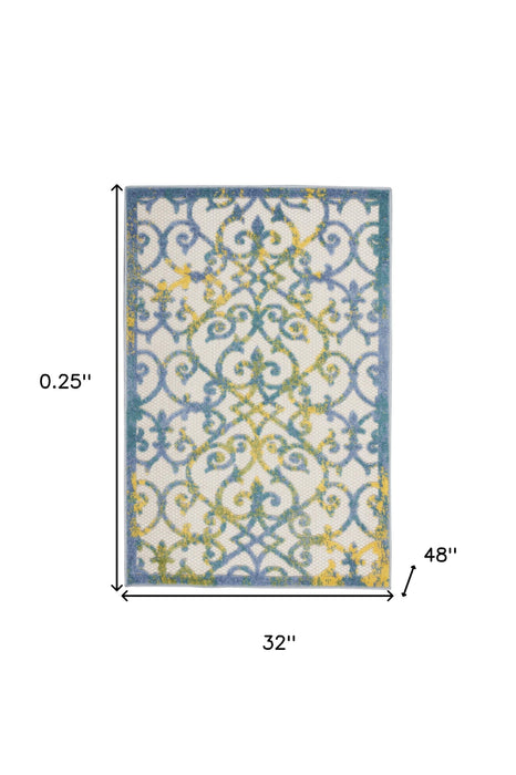 3' X 4' Damask Non Skid Indoor / Outdoor Area Rug - Ivory / Blue