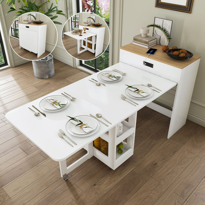 Extendable Dining Table With Power Socket, Lockable Casters, Storage Cabinet Home Essentials