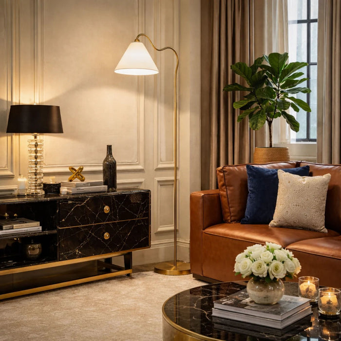 Majestic - Ring Base Curved Floor Lamp With Triangle Drum Shade - Gold / White Ashcroft Furniture