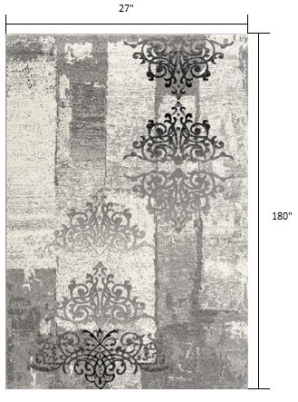 15' Damask Dhurrie Runner Rug - Gray