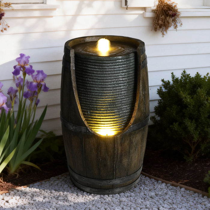 Rustic Barrel Water Fountain With LED Light Daily Nest