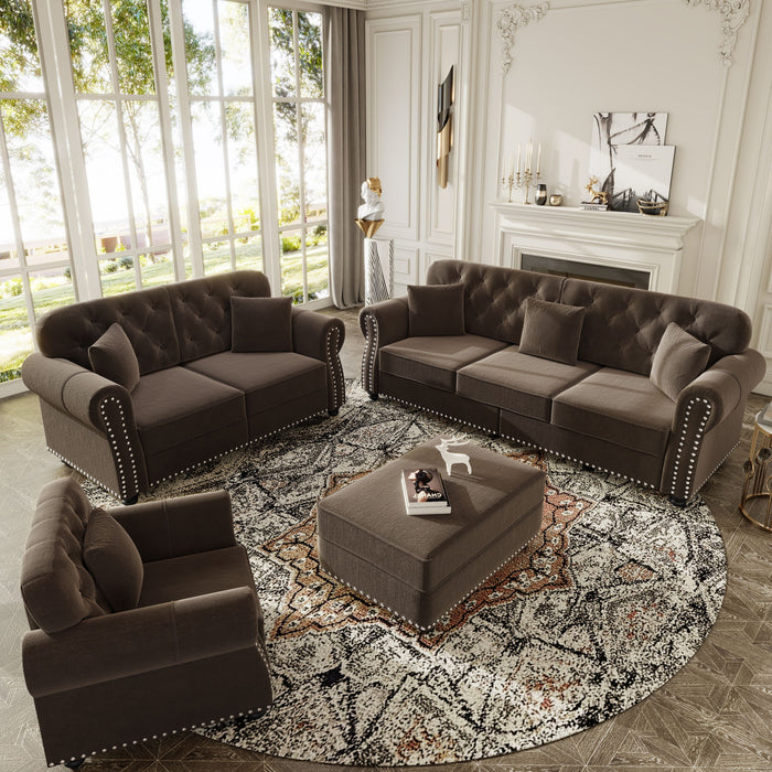 Upholstered Sofa Set With Nailhead Trim And Rolled Armrests, Includes Pillows