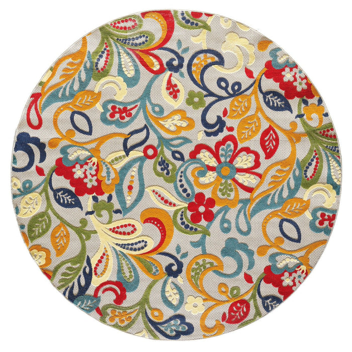 8' Round Round Floral Stain Resistant Indoor / Outdoor Area Rug - Ivory / Blue