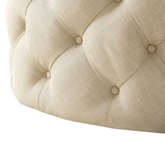 Linen Rolling Tufted Round Cocktail Ottoman - Beige