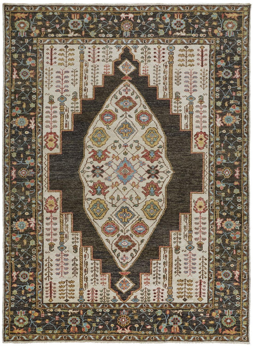 Floral Hand Knotted Distressed Stain Resistant Area Rug With Fringe - Brown Yellow And Green Wool - 4' X 6'