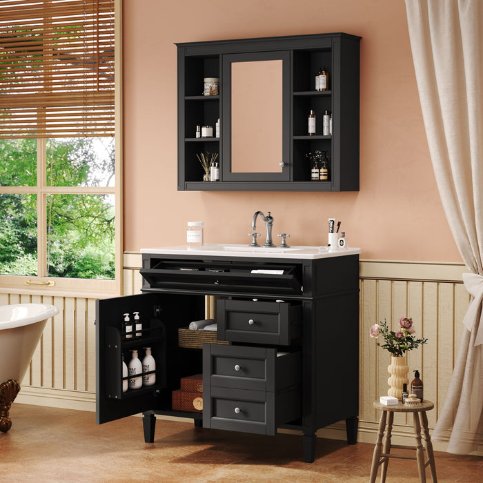 Bathroom Vanity With Top Sink, Storage Cabinet With Mirror, 2 Doors, 3 Drawers, 6 Open Shelves