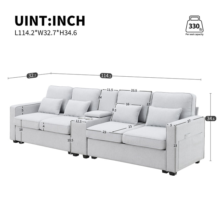 Upholstered Sofa With Console, 2 Cupholders And 2 USB Ports Wired Or Wirelessly Charged, Modern Linen Fabric Couches With 4 Pillows For Living Room, Apartment (4-Seat)