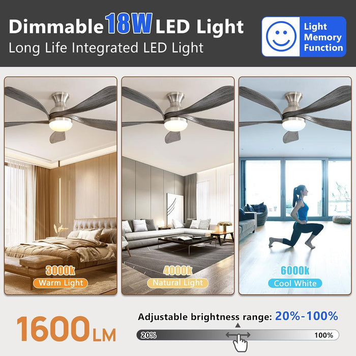 Ceiling Fan With Dimmable 3 Colors Led Light Reversible Noiseless DC Motor
