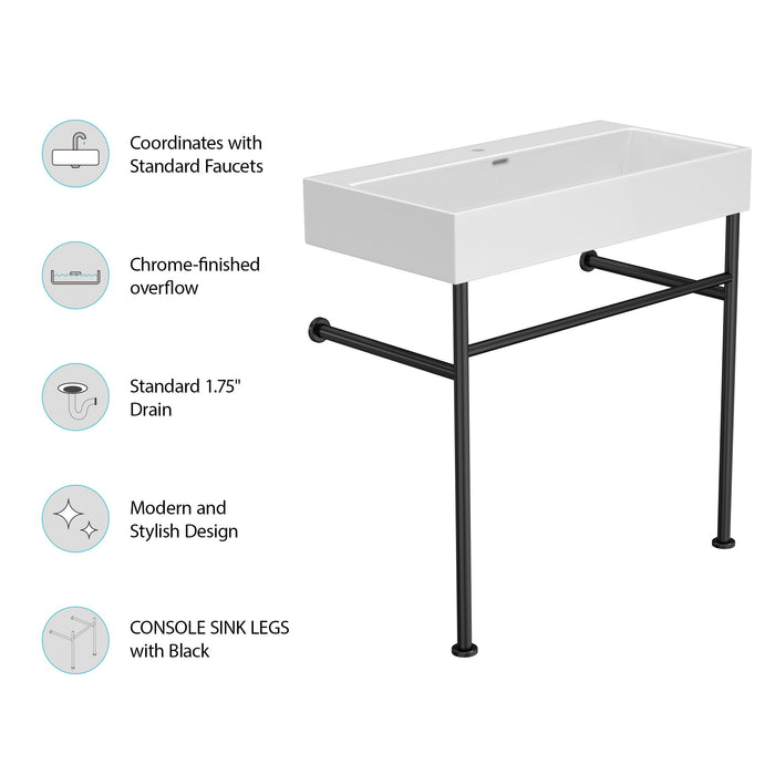 35" Bathroom Console Sink With Overflow, Ceramic Console Sink White Basin Black Legs