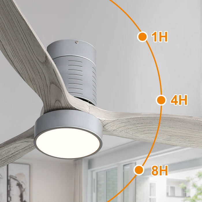 Indoor Flush Mount Ceiling Fan With 110V 3 Solid Wood Blades Remote Control Reversible Dc Motor With LED Light - Silver