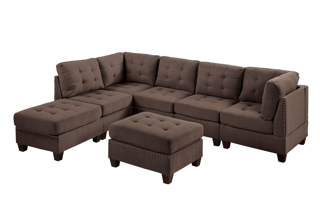Contemporary Modular Sectional 7 Piece Set Living Room Furniture Corner L-Sectional Black Coffee Linen Like Fabric Tufted Nail Heads 2 Corner Wedge 3 Armless Chair And 2 Ottoman