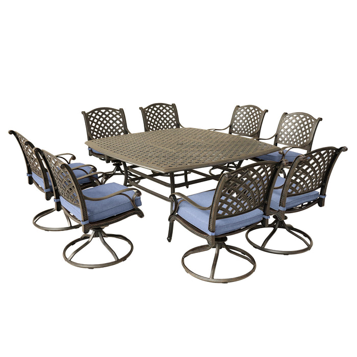Square 8 Person 63.98" Long Dining Set With Navy Blue Cushions