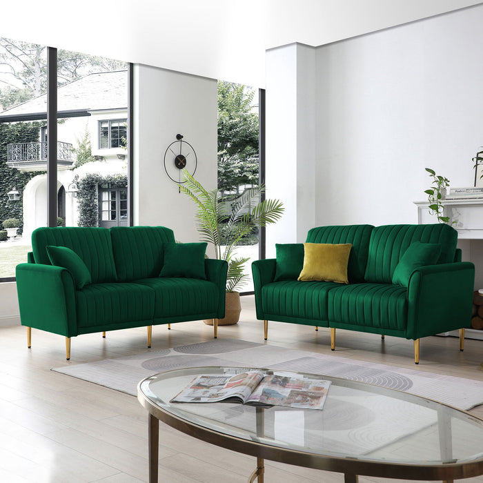 Green Velvet Couch And Sofa Set of Living Room, 2 Piece Modern 2 Seat Sofas Set, Furniture Sofa Set With Removable Cushions, free Throw Pillow