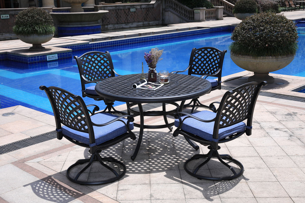 Round 4 Person 51.97" Long Powder Coated Aluminum Dining Set With Navy Blue Cushions
