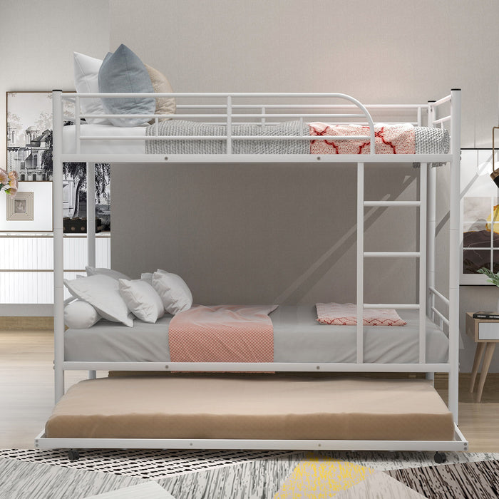 Twin Over Twin Metal Bunk Bed With Trundle, Can Be Divided Into Two Beds, No Box Spring Needed, White