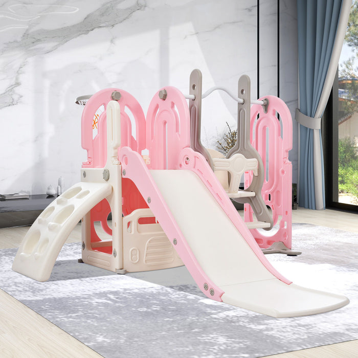 Toddler Slide And Swing Set 5 In 1, Kids Playground Climber Slide Play Set With Basketball Hoop Freestanding Combination For Babies Indoor & Outdoor - Pink