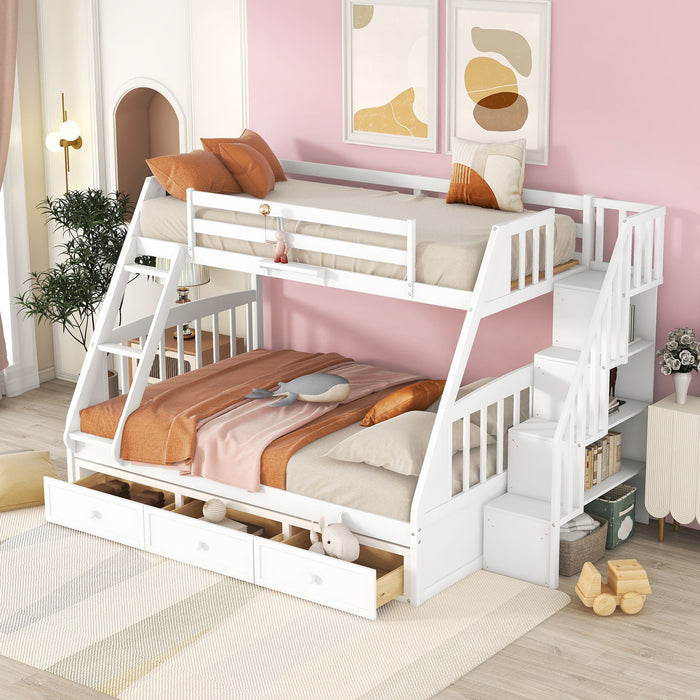 Twin-Over-Full Bunk Bed With Drawers ladder And Storage Staircase, White