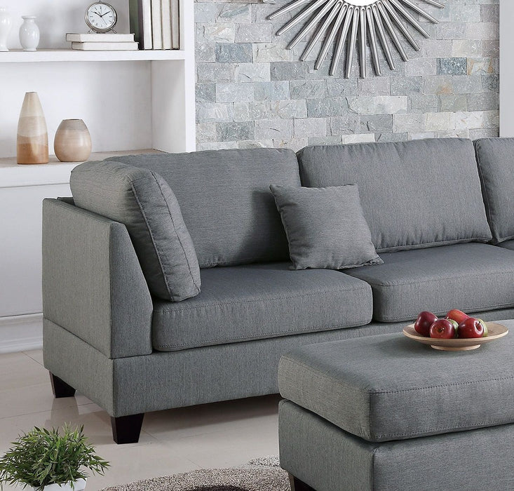 Gray Color 3 Pieces Sectional Living Room Furniture Reversible Chaise Sofa And Ottoman Polyfiber Linen Like Fabric Cushion Couch
