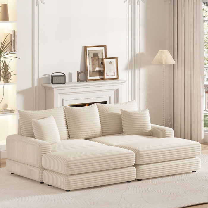 Corduroy 3 Seater Sofa With 3 Back Pillows, 2 Toss Pillows And Two Ottoman, Comfy Sofa Deep Seat Couch For Living Room