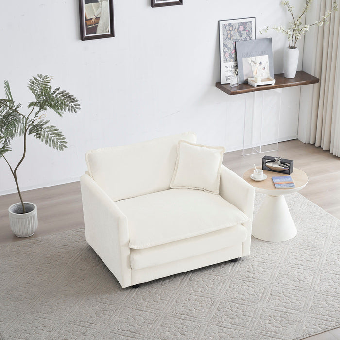 Comfy Deep Single Seat Sofa Upholstered Reading Armchair Living Room Chair White Chenille Fabric, 1 Toss Pillow